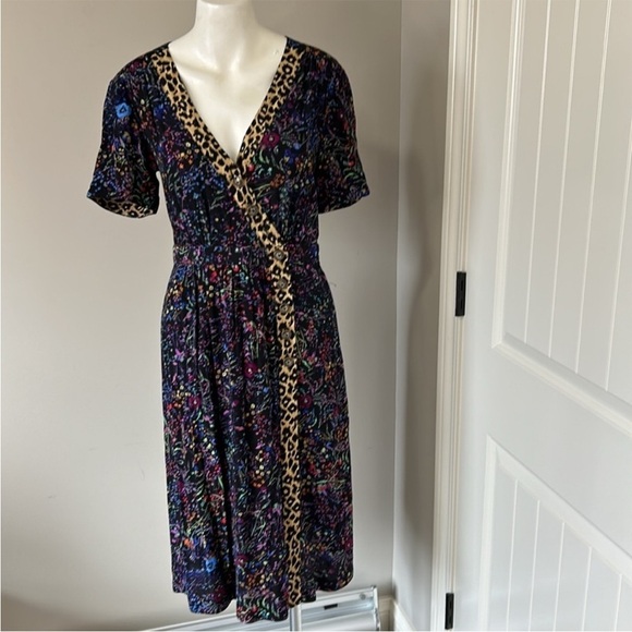 Anthropologie Maeve Morgan Black Floral Leopard Print V Neck Dress Sz 6 - Picture 4 of 15